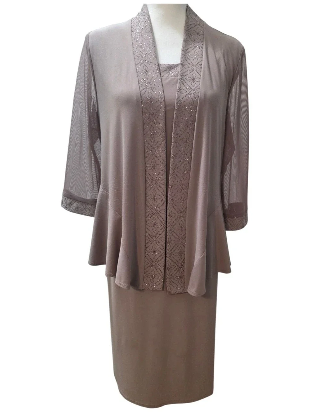 R&M Richards Size 12 Taupe Shimmer Trim Dress & Sheer Sleeve Jacket Set EUC